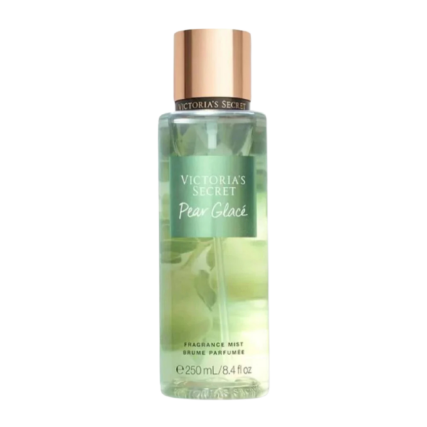 Victoria's Secret Pear Glace Body Mist in a 250ml bottle, featuring notes of pear, violet, and aloe vera for a fresh, fruity scent.