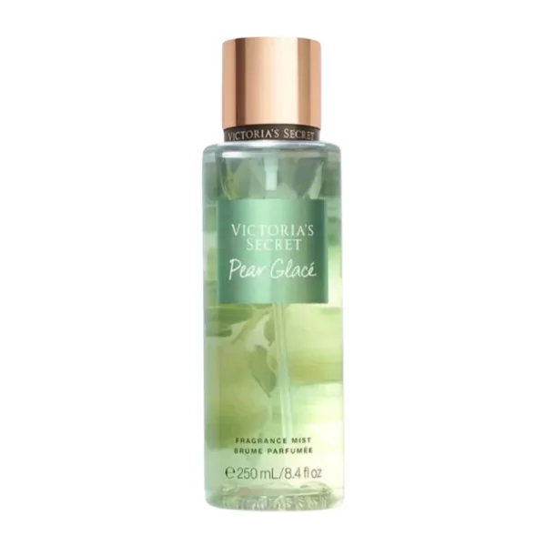 Victoria's Secret Pear Glace Body Mist in a 250ml bottle, featuring notes of pear, violet, and aloe vera for a fresh, fruity scent.