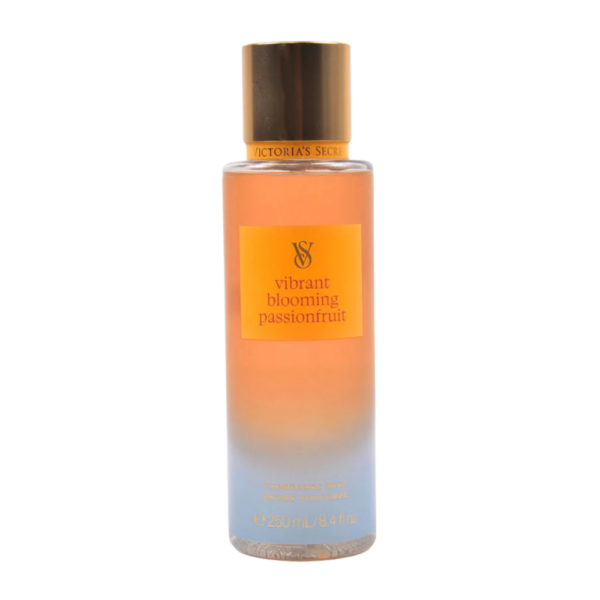 Victoria's Secret Vibrant Blooming Passionfruit Mist in a 250ml bottle, featuring fruity passionfruit, sweet peach, and floral notes for an exotic fragrance.