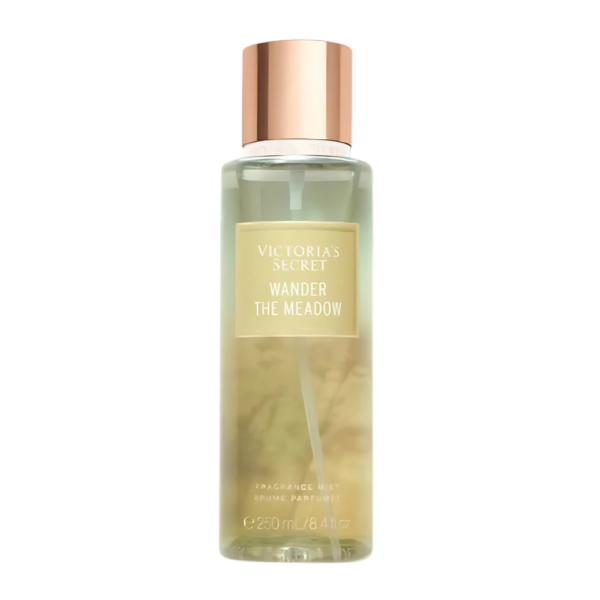 Victoria's Secret Wander The Meadow Body Mist in a 250ml bottle, featuring notes of strawberry, rhubarb, and freesia for a fruity floral scent.