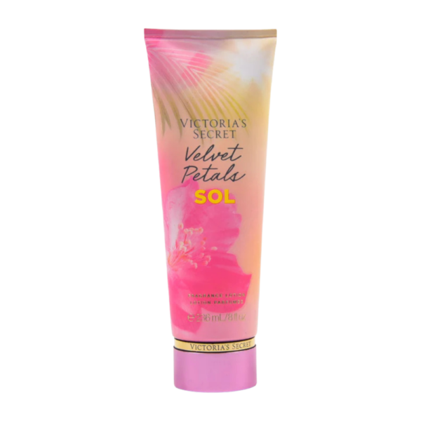 Victoria's Secret Velvet Petals Sol Body Mist in a 236ml bottle with tropical floral design, featuring sunlit floral and almond notes for a radiant fragrance.