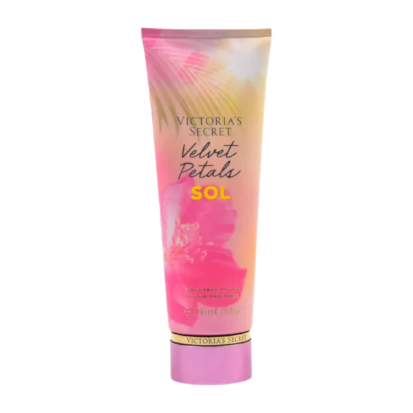 Victoria's Secret Velvet Petals Sol Body Mist in a 236ml bottle with tropical floral design, featuring sunlit floral and almond notes for a radiant fragrance.