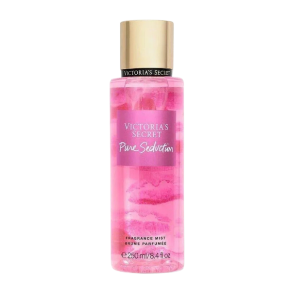 A bottle of Victoria's Secret Pure Seduction Body Mist, 250ml, showcasing an elegant blend of red plum and freesia fragrance.