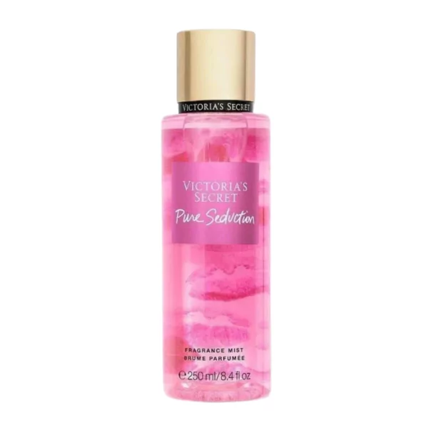 A bottle of Victoria's Secret Pure Seduction Body Mist, 250ml, showcasing an elegant blend of red plum and freesia fragrance.