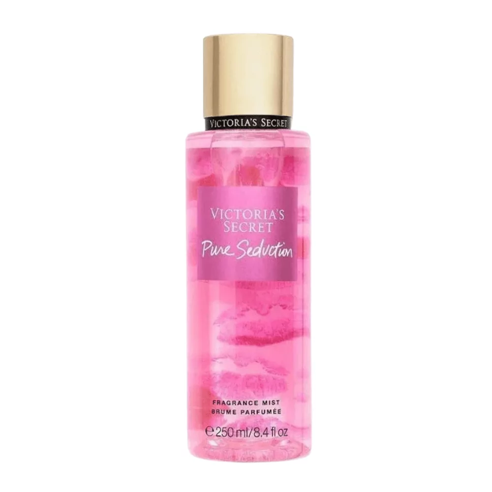 A Bottle Of Victoria'S Secret Pure Seduction Body Mist, 250Ml, Showcasing An Elegant Blend Of Red Plum And Freesia Fragrance.