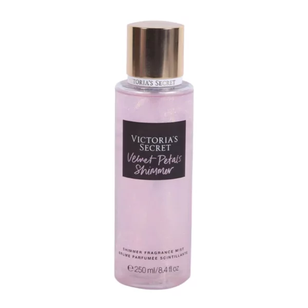 Victoria's Secret Velvet Petals Shimmer Body Mist in a 250ml bottle, featuring almond and floral notes with a luminous shimmer.