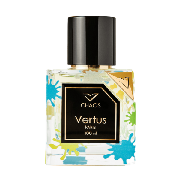 Vertus Chaos EDP Unisex 100ml bottle against an oceanic background, highlighting marine and jasmine notes.