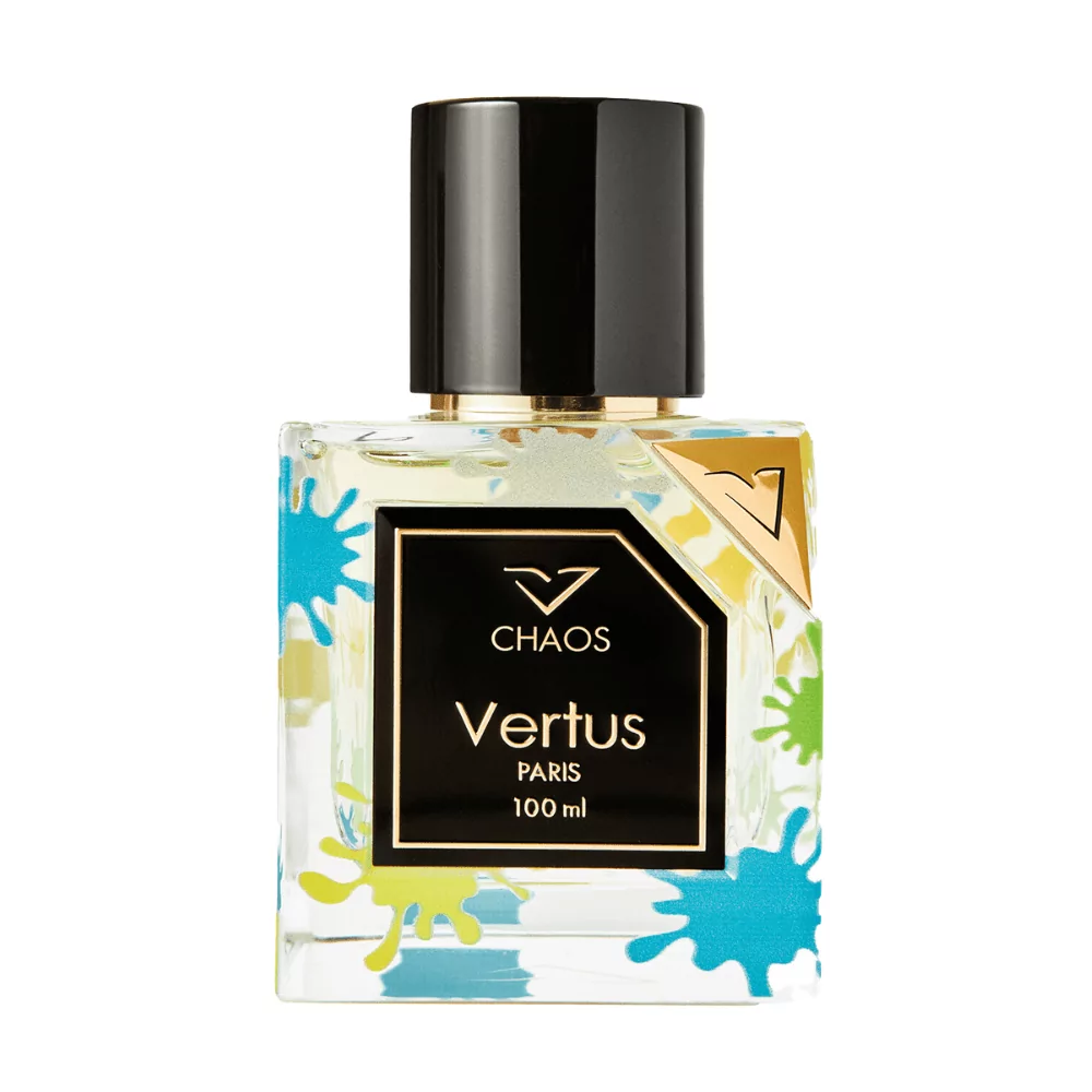 Vertus Chaos Edp Unisex 100Ml Bottle Against An Oceanic Background, Highlighting Marine And Jasmine Notes.