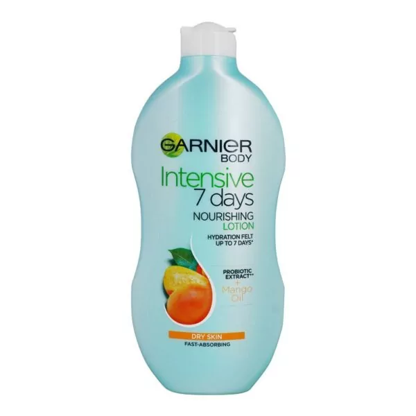 Garnier Intensive 7 Days Mango Body Lotion 400ml with mango oil and probiotics for deep hydration and nourishment, ideal for dry skin.