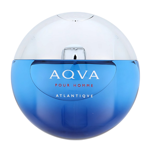 Bvlgari Aqva Atlantiqve EDT 100ml bottle styled against an oceanic backdrop, emphasizing its marine and aquatic notes.