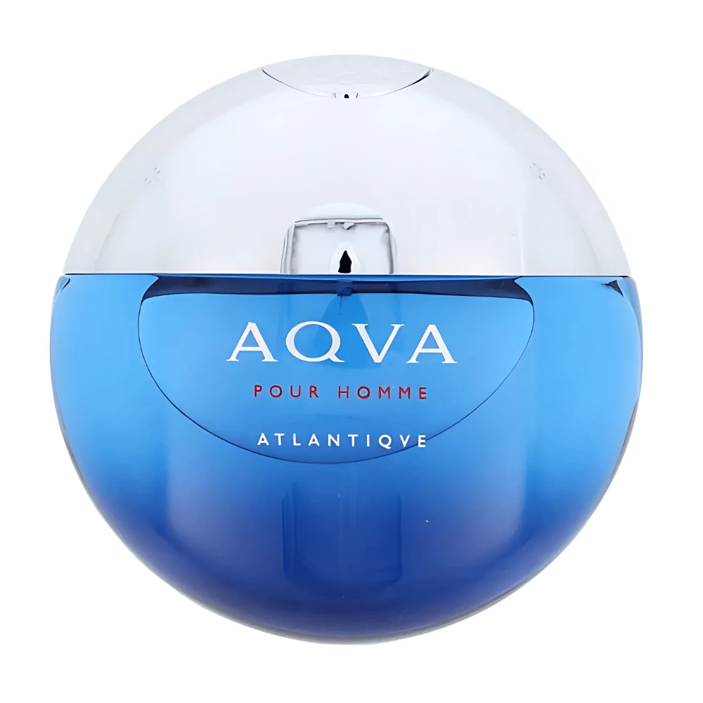 Bvlgari Aqva Atlantiqve Edt 100Ml Bottle Styled Against An Oceanic Backdrop, Emphasizing Its Marine And Aquatic Notes.