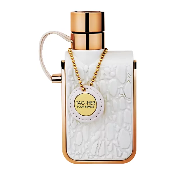 Armaf Tag Her EDP 100ml bottle on a chic background, showcasing notes of jasmine, orange blossom, and caramel.