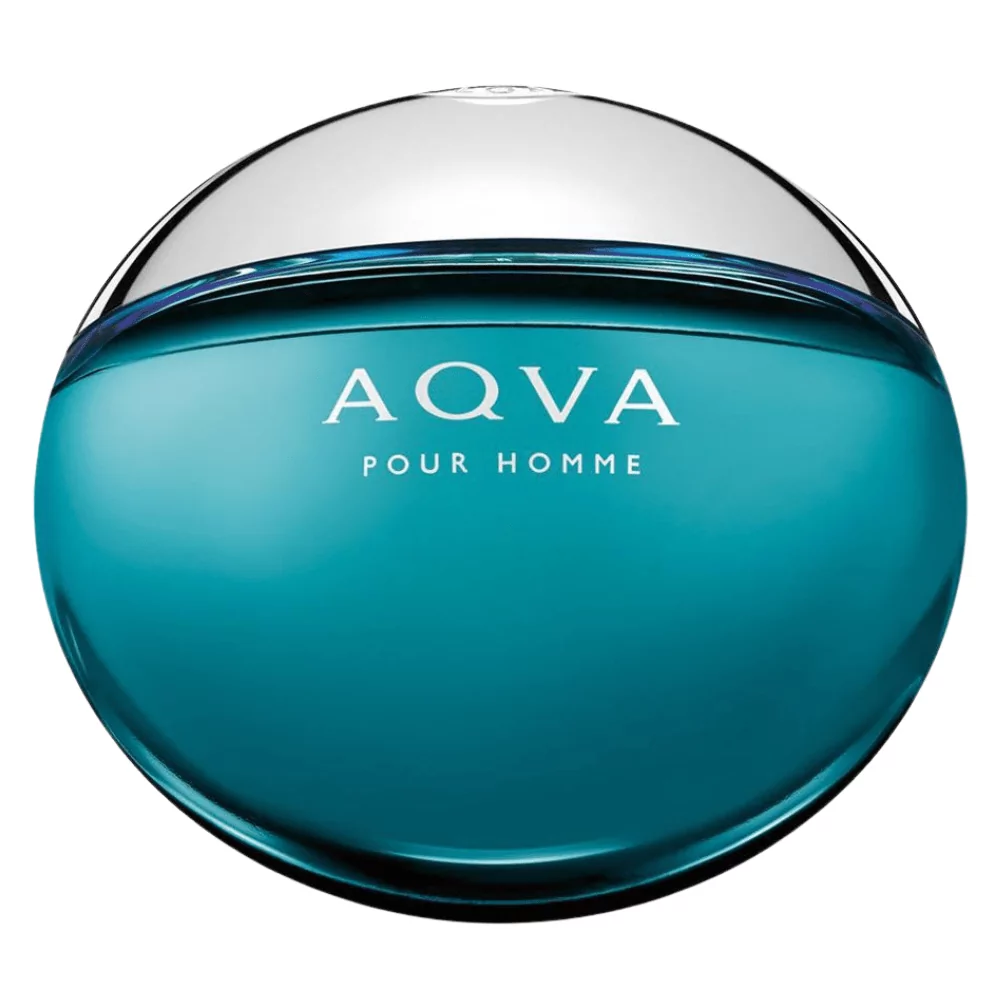 Bvlgari Aqva Pour Homme Edt 100Ml Bottle Against A Serene Oceanic Backdrop, Highlighting Seaweed And Citrus Notes.