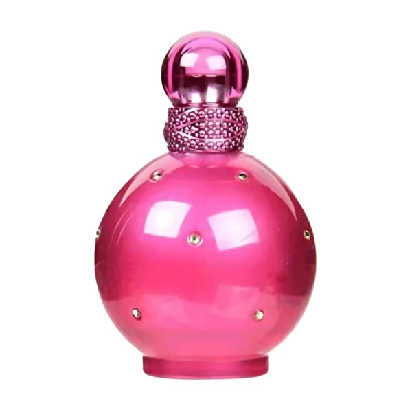 Britney Spears Fantasy EDP 100ml bottle on a playful background, highlighting notes of kiwi, white chocolate, and musk.