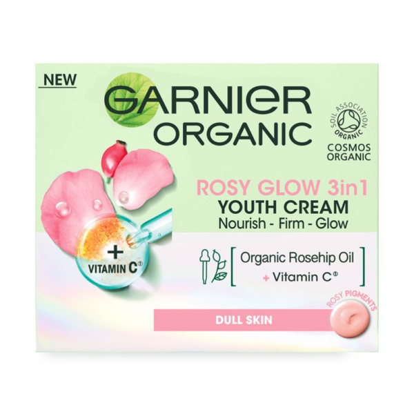 Garnier Rosy Glow Youth Cream 50ml, enriched with Organic Rosehip Oil and Vitamin C, nourishes and brightens dull, tired skin for a radiant glow.