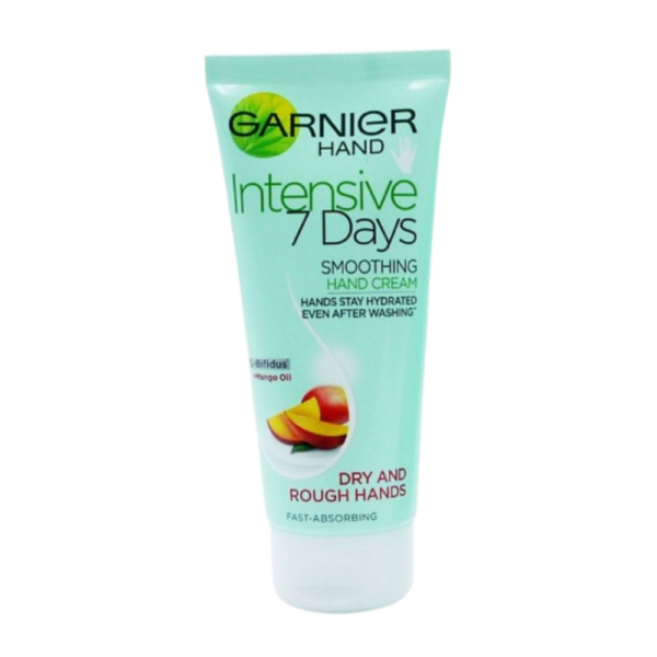 Garnier Smoothing Hand Cream 100ml, enriched with Mango Oil, softens and smooths dry, rough hands while providing long-lasting hydration.