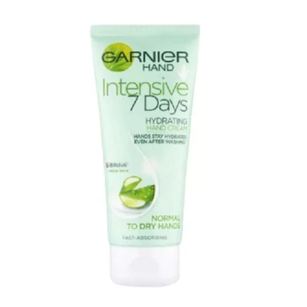 Garnier Intensive 7 Days Hydrating Hand Cream 100ml, enriched with Aloe Vera, provides long-lasting moisture for dry hands.