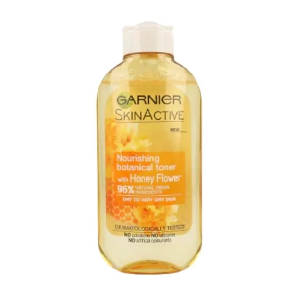 Garnier Nourishing Botanical Toner Honey Flower 200ml hydrates and soothes skin with 96% natural ingredients, leaving it soft and refreshed.