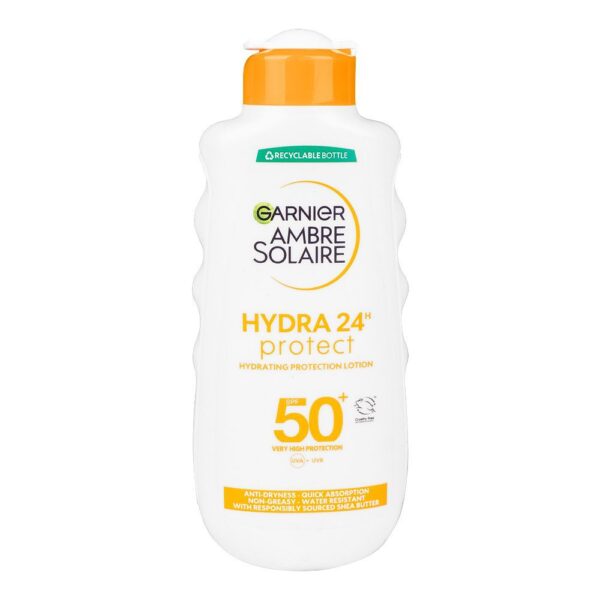 Garnier Ambre Solaire Ultra-Hydrating Protection Lotion SPF50+ 200ml with shea butter, offers high sun protection and 24-hour hydration.