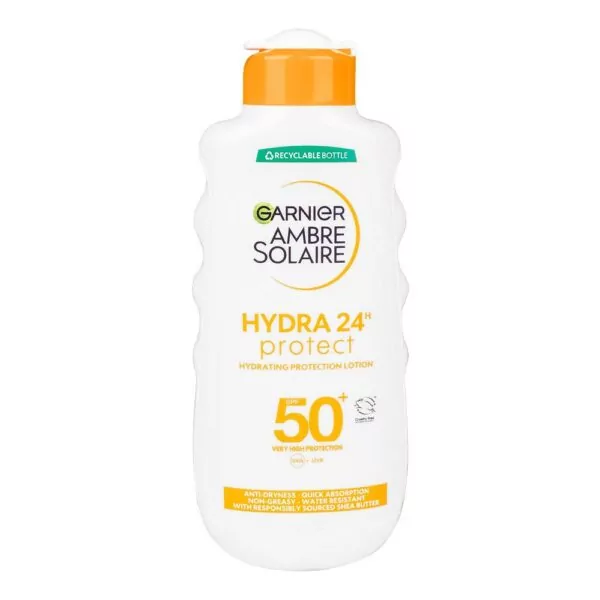 Garnier Ambre Solaire Ultra-Hydrating Protection Lotion SPF50+ 200ml with shea butter, offers high sun protection and 24-hour hydration.