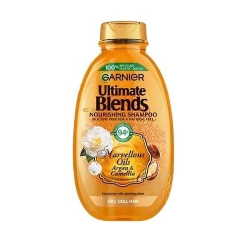 Garnier Ultimate Blends Argan Oil & Camellia Oil Shampoo 400ml for dry, dull hair with nourishing and shine-restoring oils.