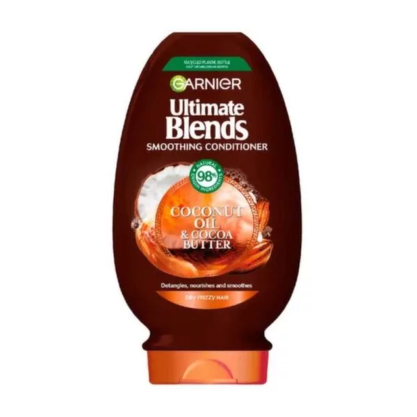 Garnier Ultimate Blends Coconut Oil & Cocoa Butter Conditioner 400ml deeply nourishes and smooths frizzy, dry hair for a shiny, manageable finish.