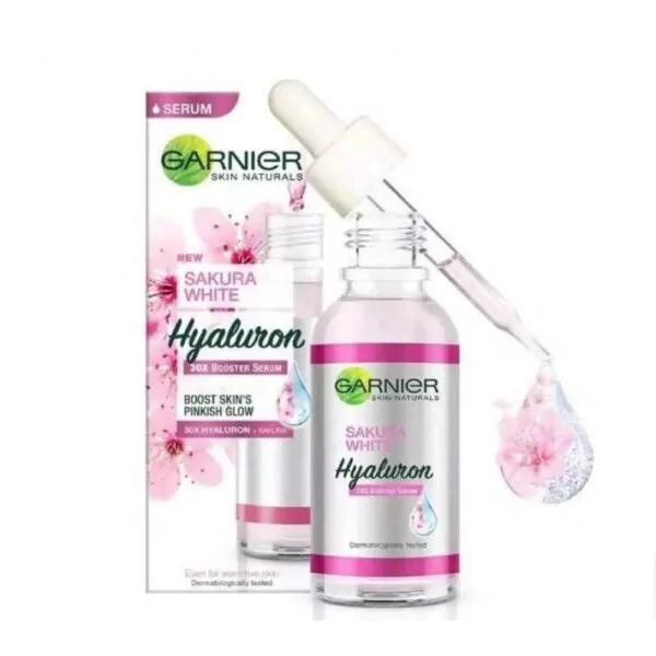 Garnier Sakura Glow 30x Hyaluron Booster Serum 30ml, enriched with Hyaluronic Acid and Sakura Extract, hydrates, brightens, and plumps skin for a radiant glow.