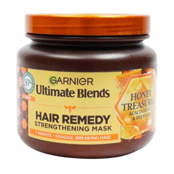 Garnier Honey Treasures Hair Mask 340ml strengthens fragile hair, reduces breakage and split ends, and leaves hair soft and shiny with Acacia Honey and Beeswax.