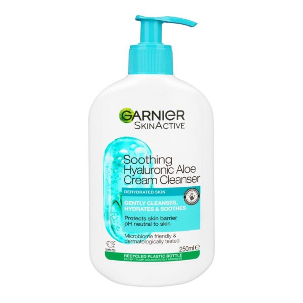 Garnier Hyaluronic Aloe Soothing Cream Cleanser 250ml with hyaluronic acid and aloe vera, hydrates, soothes, and cleanses dehydrated and sensitive skin.