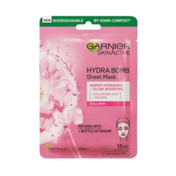 Garnier Glow Boosting Face Mask 32g with Sakura Extract and hyaluronic acid to hydrate, revitalize dull skin, and restore a glowing complexion.