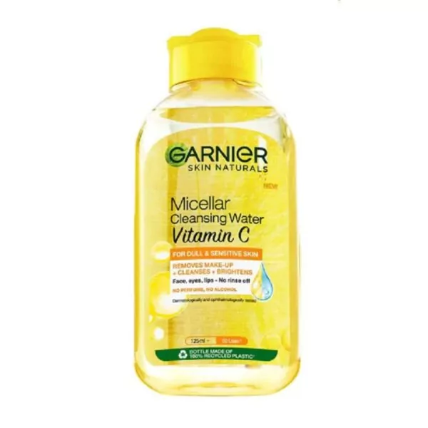 Garnier Vitamin C Micellar Water 125ml removes makeup, cleanses skin, and boosts radiance with Vitamin C for a brighter, glowing look.