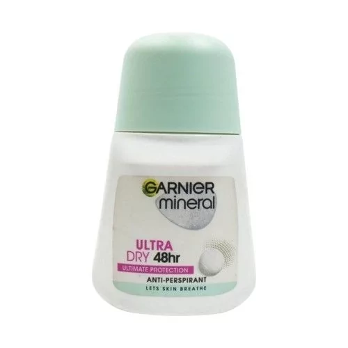 Garnier Mineral Ultra Roll-On 50ml, 48-hour protection deodorant with alcohol-free formula for sensitive skin.