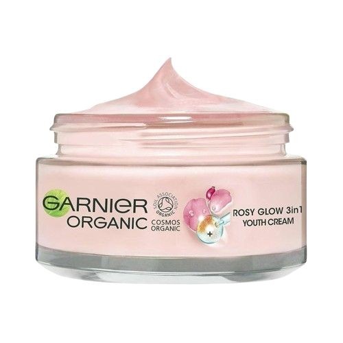 Garnier Organic Rosy Glow 3in1 Youth Cream 50ml, enriched with rosehip oil and Vitamin C for radiant, nourished skin.