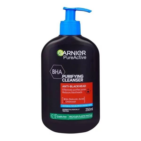 Garnier Pure Active Anti-Blackhead Charcoal Cleanser 250ml with salicylic acid and charcoal, reduces blackheads, controls oil, and deeply cleanses skin.