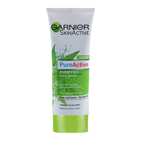 Garnier Pure Active Neem Face Wash 100ml, enriched with Neem Extract and Tea Tree Oil, removes excess oil, impurities, and fights pimples.