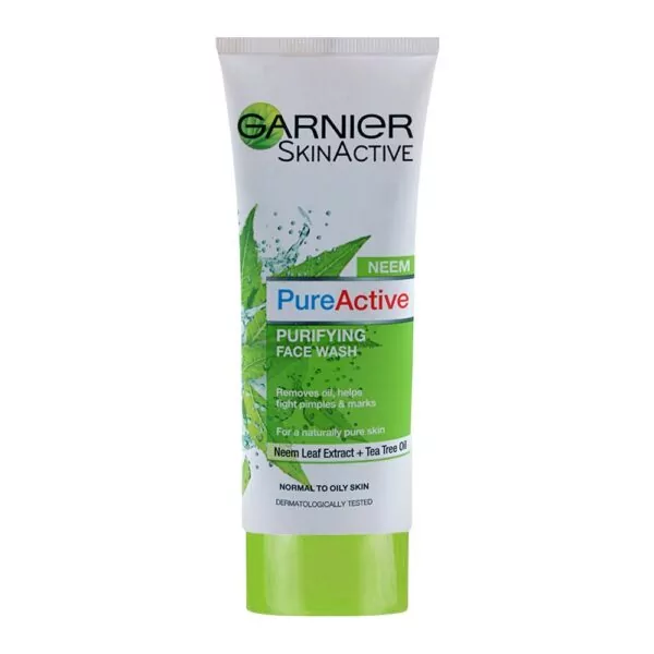 Garnier Pure Active Neem Face Wash 100ml, enriched with Neem Extract and Tea Tree Oil, removes excess oil, impurities, and fights pimples.