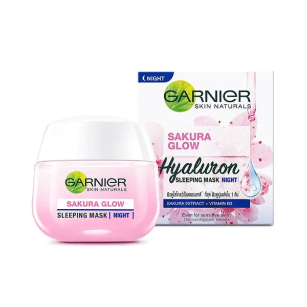 Garnier Sakura Glow Sleeping Mask 50ml, brightening and hydrating night cream enriched with Japanese Sakura.