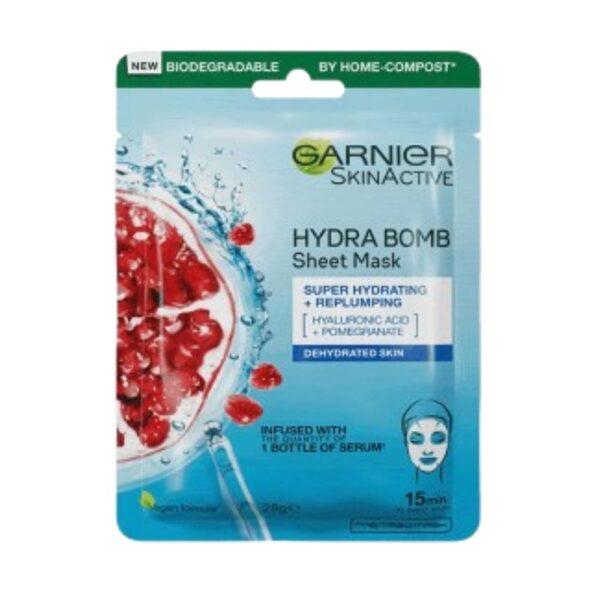 Garnier Hydra Bomb Hydrating Face Mask 28g with moisturizing serum to deeply hydrate, plump skin, and reduce fine lines for radiant skin.