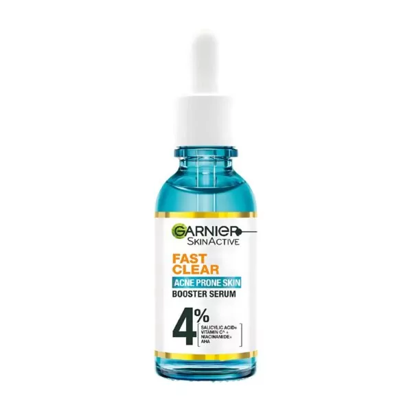 Garnier Fast Clear Booster Serum 15ml, enriched with salicylic acid, vitamin C, and niacinamide, clears acne, reduces oil, and brightens skin.