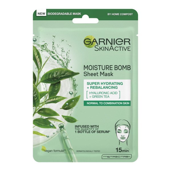 Garnier Ultra Hydrating Rebalancing Face Mask 32g, infused with green tea and hyaluronic acid, hydrates and rebalances combination skin.