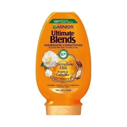 A 400ml Garnier Ultimate Blends Argan Oil & Camellia Oil Conditioner, designed to nourish and add shine to dry, dull hair.