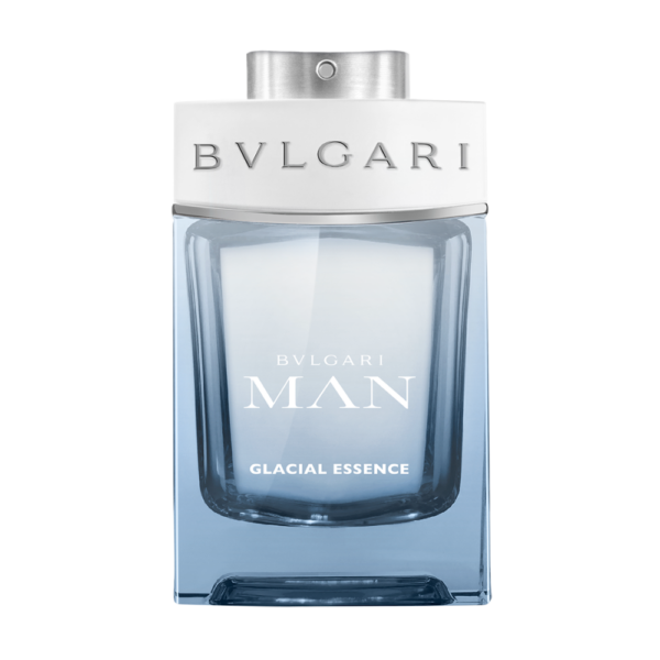 Bvlgari Man Glacial Essence EDP 100ml bottle with a sleek blue design, showing its fresh and woody scent.