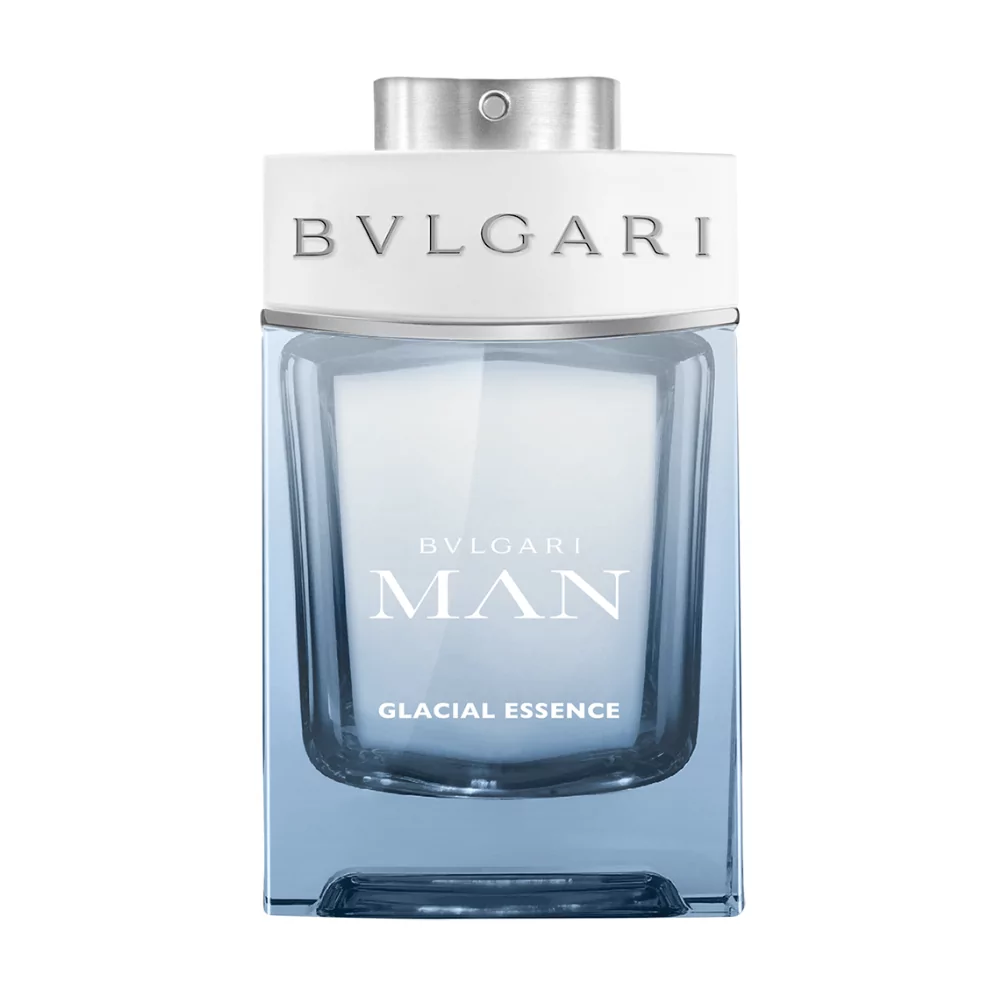 Bvlgari Man Glacial Essence Edp 100Ml Bottle With A Sleek Blue Design, Showing Its Fresh And Woody Scent.