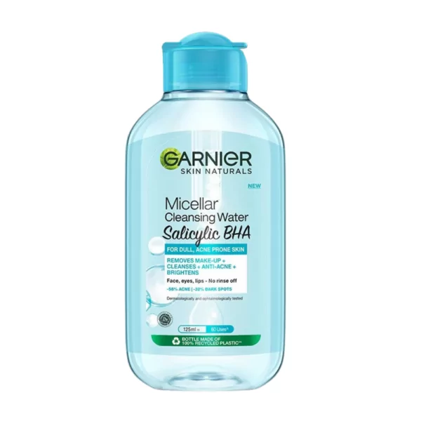 Garnier Micellar Cleansing Water with Salicylic Acid 125ml, removes makeup, reduces pimples, and brightens dark spots for acne-prone skin.