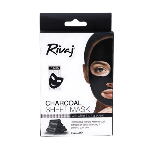 Rivaj Charcoal Sheet Mask - Purifies, detoxifies, and hydrates skin for a clear, glowing complexion.