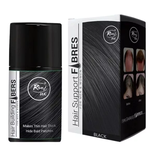 Rivaj Hair Building Fibers - Black 25g - Thickens hair, covers bald spots, and provides a natural look.