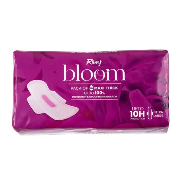 Rivaj Maxi Thick Bloom Sanitary Pads - Extra Large 16 PCS - Offers up to 10 hours of protection with a soft, irritation-free design.