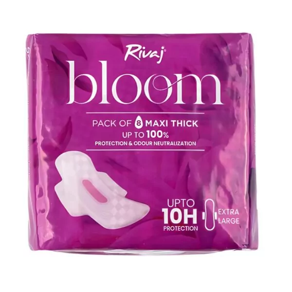 Rivaj Maxi Thick Bloom Sanitary Pads - Extra Large 8 PCS - Reliable, rash-free sanitary protection for all-day confidence.