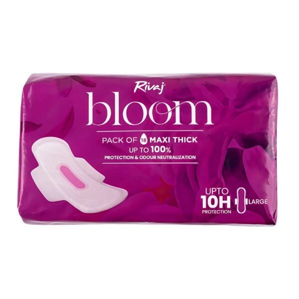 Rivaj Maxi Thick Bloom Sanitary Pads - Large 18 PCS - Provides up to 10 hours of protection with a soft, rash-free design.