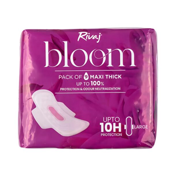 Rivaj Maxi Thick Bloom Sanitary Pads - Large 9 PCS - Rash-free, leak-proof sanitary pads for women.